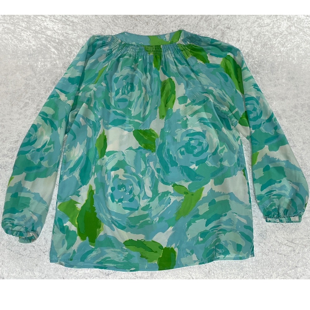 Lilly Pulitzer Blouse Womens M Aqua Green Silk Elsa Floral Excellent Long Sleeve - Picture 7 of 8